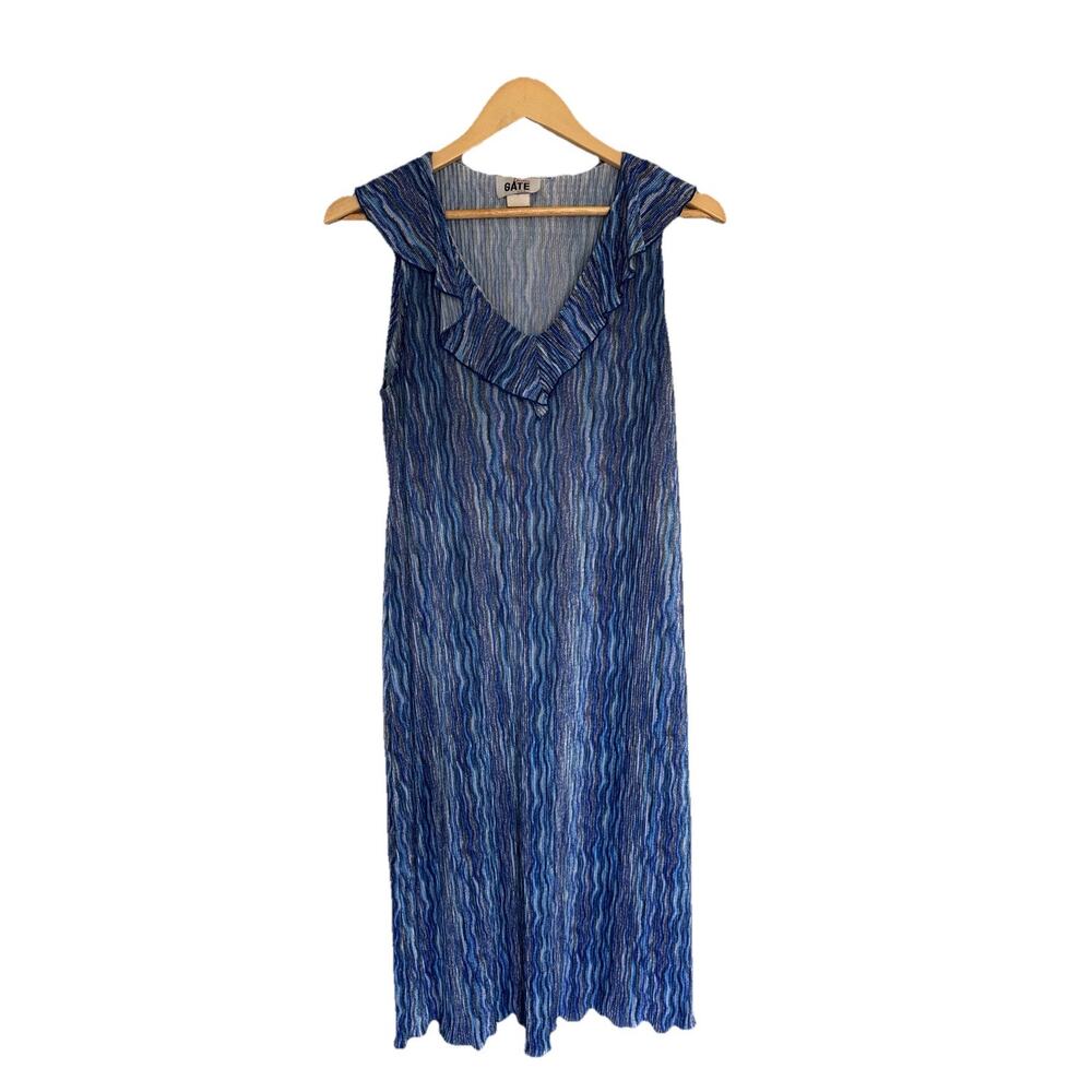Vintage Gate USA Blue Textured Sleeveless Midi Dress Ruffle Neckline Size Large